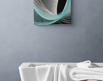 Pendulum Abstract Art using Teal, White on a Black Canvas 16' x 20'