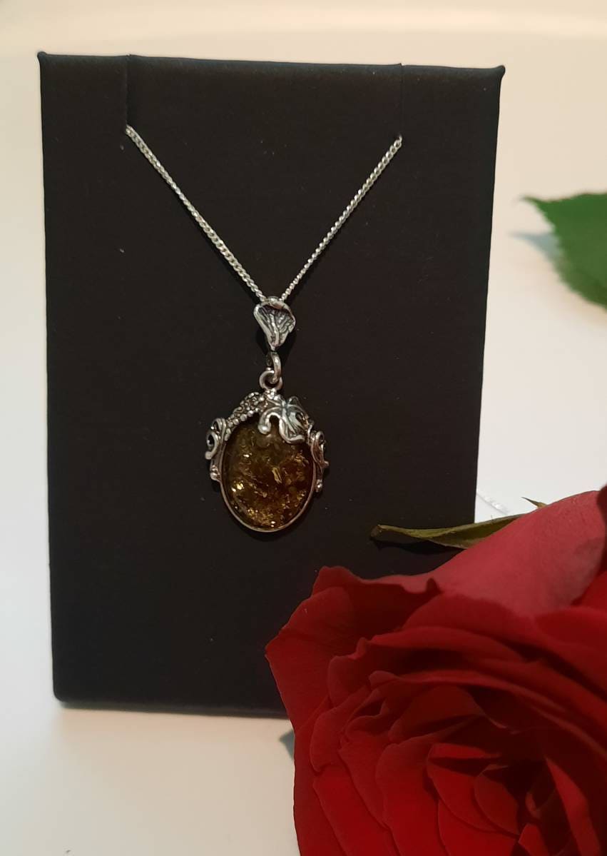 Pendentif Argent Massif Et Ambre Jaune - Style Art Nouveau - Occasion - Bijou Ancien