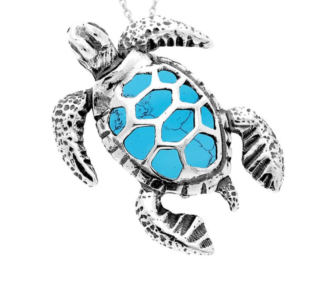BETHZA Collana con tartaruga in vero turchese con tartaruga marina in argento Sterling con ciondolo tartarughe marine, idea regalo per donne e ragazze (18+5 cm), Argento sterling