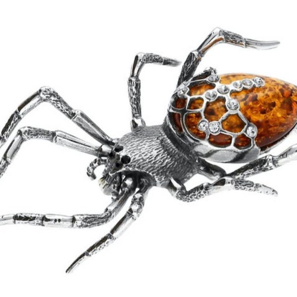 Beautiful Sterling Silver and Natural Cognac Amber Spider Brooch