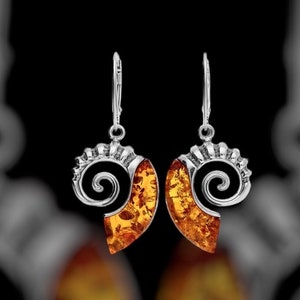 Silver and Cognac Amber Ammonite Fossil Drop Earrings
