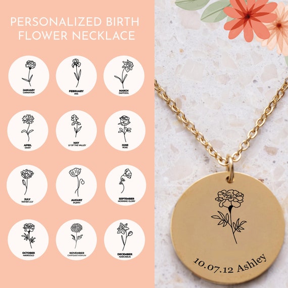 Personalized Birth Flower Necklace Custom Name Birth Month Jewelry