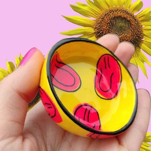 Trippy small candle holder/ yellow candle holder with smiles/ handmade clay candle holder
