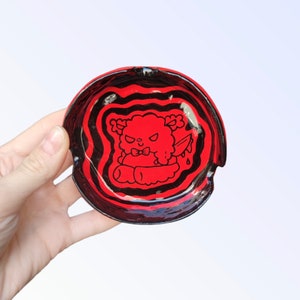 Cool red ashtray/ handmade clay ashtray/ trippy devil bear ashtray/ black and red devil Teddy bear artwork/ cool birthday gift idea