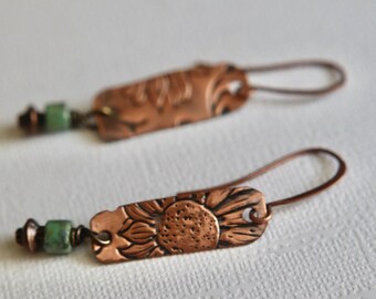 Copper Turquoise Earrings, Handmade Gift, Sunflower Dangle Earrings