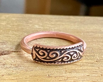Handmade copper ring band, Stamped floral design, Minimalist Jewelry, Gift for Her