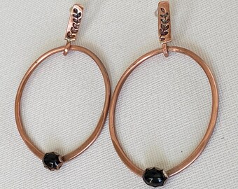 Black Onyx Gemstone Hoop Earrings/Copper Flower stamped hoops/Gift for Her/ Handmade