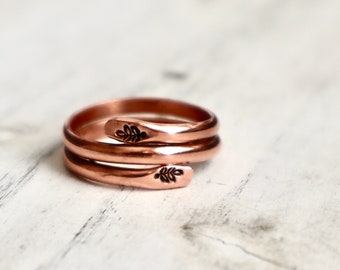 Copper Leaf stamped ring, adjustable copper wrap ring, Gift