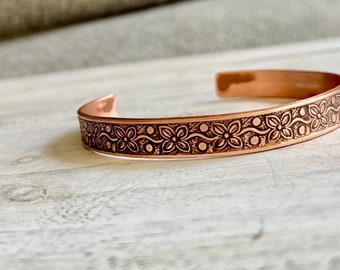 Copper Cuff Bracelet/ Handmade Gift /Arthritis relief jewelry/Floral design