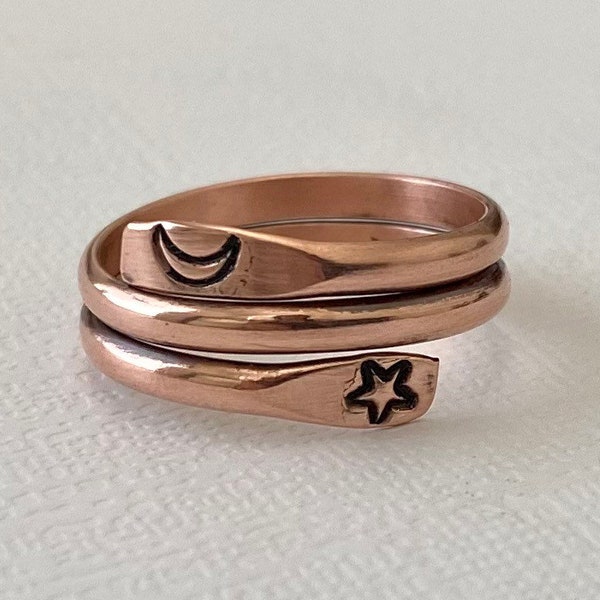 Copper ring moon and stars ,adjustable ring,celestial wrap around ring