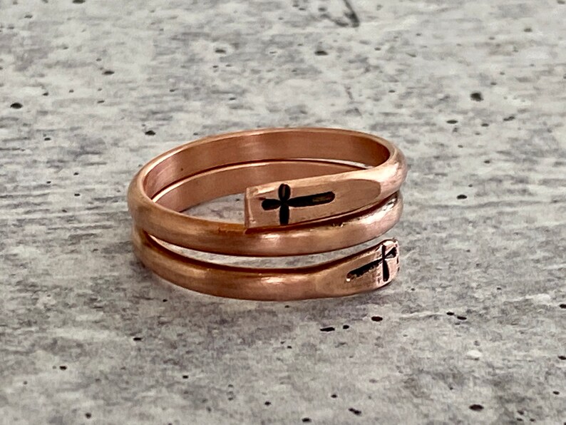 Copper religious cross ring, minimalist copper wrap ring, Adjustable Gift image 4