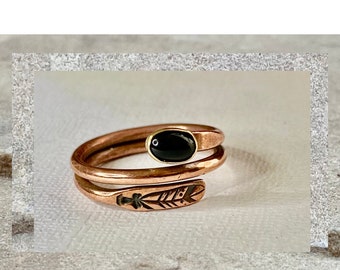 Copper Adjustable black onyx wrap Ring,Unisex gemstone ring, Gift