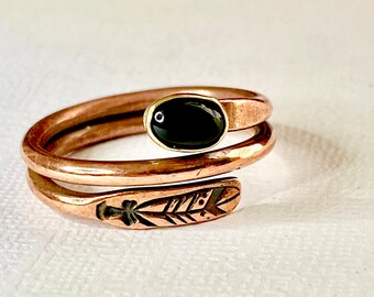 Black Onyx Wrap Ring, Copper Adjustable Ring,Unisex Rings, Gift