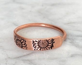 Copper Sunflower Ring, Handmade Ring, Hand Stamped Floral Design, Minimalist Jewelry, Gift for Her