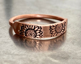 Copper Sunflower Ring, Handmade Ring, Hand Stamped Floral Design, Minimalist Jewelry, Gift for Her