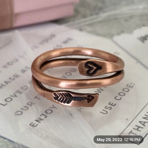 Heart and arrow ring copper adjustable wrap around ring Arthritis relief Jewelry