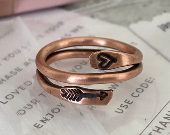 Heart and arrow ring copper adjustable wrap around ring Arthritis relief Jewelry