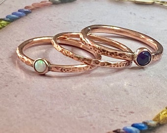 3 Copper rings set, Gemstone Stacking Rings, Textured rings, gift for girlfriend