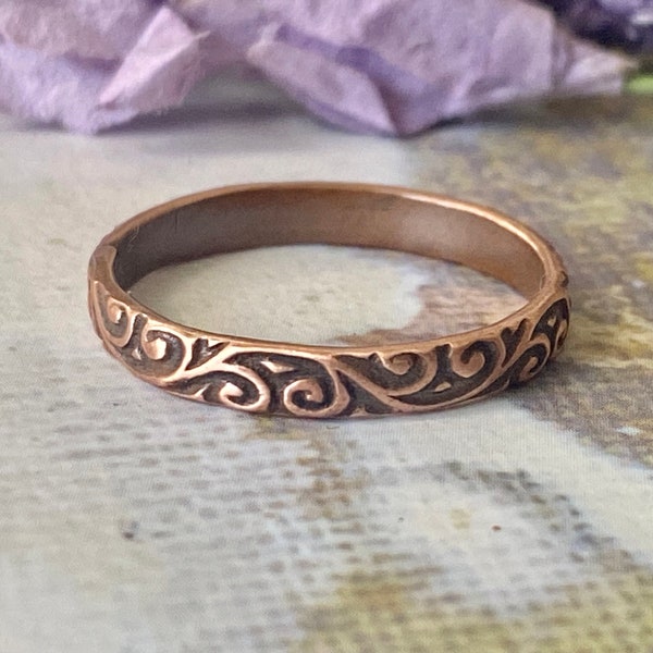 Thin band Copper Ring, Petite Swirl Stacking Ring, Thumb Ring,Gift
