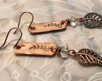 Copper Dangle Herkimer Diamond Earrings,Flower vines Handmade Gift, Floral Jewelry