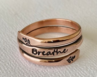 Copper Wrap Ring, Engraved 'Breathe' Word, Adjustable Jewelry