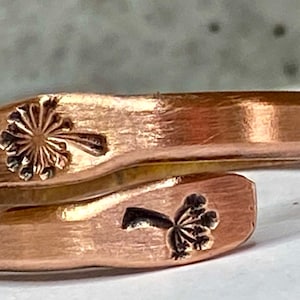 Dandelion stamped ring , copper adjustable ring, gift