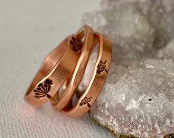 Copper ring set 3, Stacking Rings Copper, Textured rings, Dandelions stamped rings
