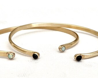 Brass Gemstone cuff bracelet, Set of 2 bracelets, black onyx gemstone, opal stacking bracelets, Gifts