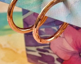 Hammered Copper Hoops I inch round: Sterling Silver Earrings, Boho Minimalist