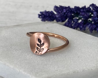 Copper Thumb Ring,Handmade Stacking ring,Floral Stamped Jewelry , Gift