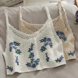 Women Crochet Boho Hippie Knitted Crop Tank Top Sweater Flower Floral Embroidery Embroidered French Retro Ethnic Sleeveless