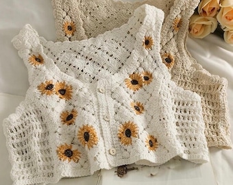 Women Crochet Boho Hippie Knitted Crop Tank Top Sweater Vest Autumn Flower Floral Embroidery French Retro Ethnic Waistcoat