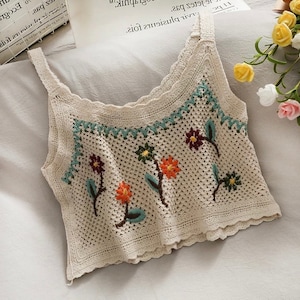 Women Crochet Boho Hippie Knitted Crop Tank Top Sweater Flower Floral Embroidery Embroidered French Retro Ethnic Sleeveless