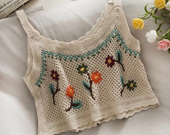 Women Crochet Boho Hippie Knitted Crop Tank Top Sweater Flower Floral Embroidery Embroidered French Retro Ethnic Sleeveless