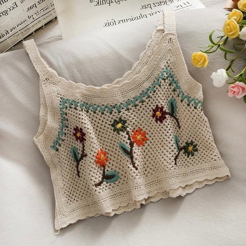 Women Crochet Boho Hippie Knitted Crop Tank Top Sweater Flower Floral Embroidery Embroidered French Retro Ethnic Sleeveless