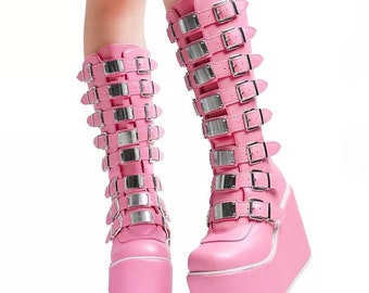 Women Cosplay Pink High Platform Heel Buckle Zipper Boots Gothic Punk Style Motorcycle Y2K New Fashion Festival Rave Party Winter