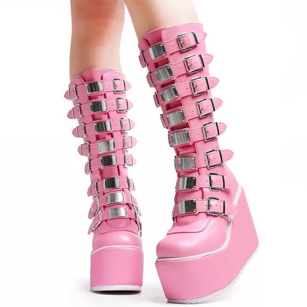 Women Cosplay Pink High Platform Heel Buckle Zipper Boots Gothic Punk Style Motorcycle Y2K New Fashion Festival Rave Party Winter