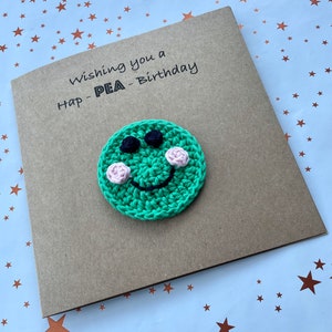 Crochet Pea | Cartão de aniversário |humoroso | Engraçado | Peculiar| Tenha um aniversário Hap-PEA | feito à mão | | Crochê | Feito à mão | Sob medida | Cartão de felicitações
