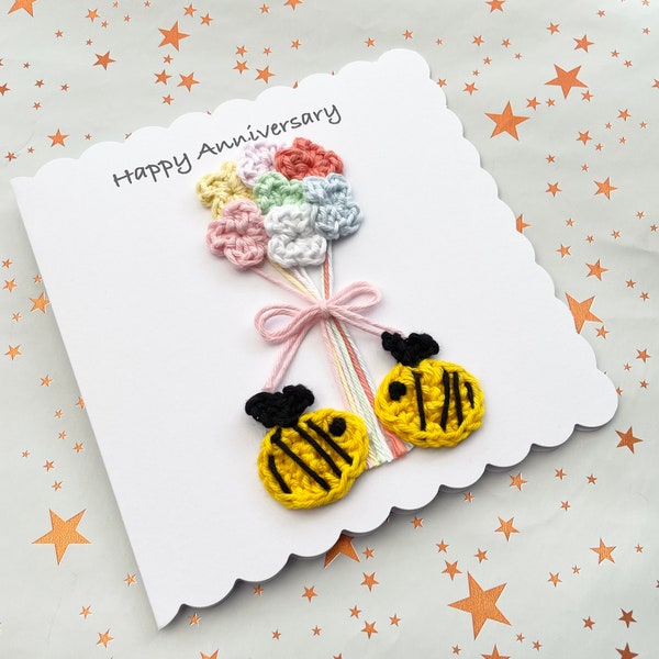 Crochet |Bees| Anniversary | Personalised | card |Flowers| Anniversary| Birthday| Bespoke |Thinking of you |Handmade | bouquet