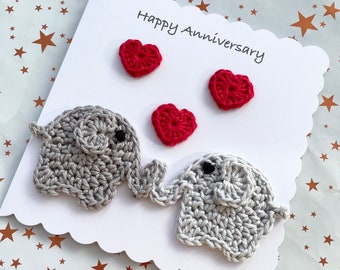 Éléphant au crochet | Anniversaire |Anniversaire de mariage | Saint-Valentin | carte | Lapin | coeurs| Anniversaire| Sur mesure | Fait main | Coeurs d'amour