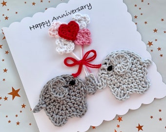 Éléphant au crochet | Anniversaire | Saint-Valentin | carte | coeurs| Anniversaire| Anniversaire| Sur mesure | Je pense à vous | Fait main | Coeurs d'amour