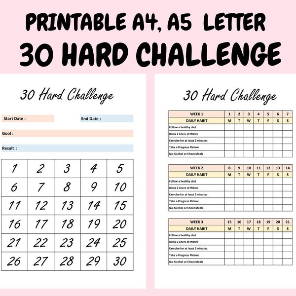 30 Hard Challenge Tracker - 30 Day Challenge Printable - Weight Loss Printable - Lifestyle Challenge - PDF - A4 - A5 - Letter