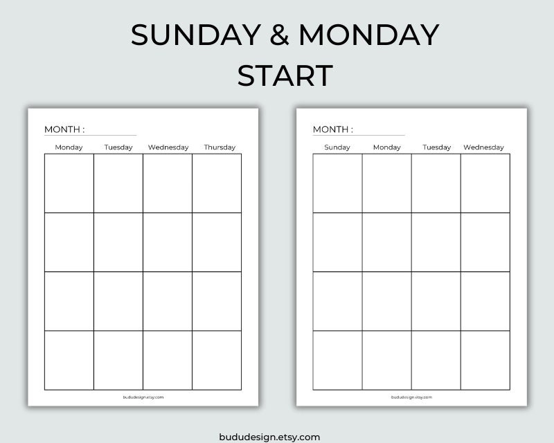 Blank Calendars Printable Calendars Planner Monday Sunday - Etsy