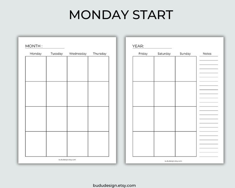 Blank Calendars Printable Calendars Planner Monday Sunday - Etsy