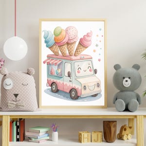 Cute Watercolor Ice Cream Truck Wall Art – Smiling Cartoon Dessert Vehicle for Kids Room, Summer Nursery Printable Art