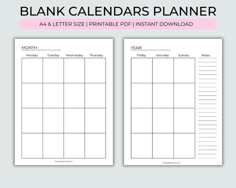 Blank Calendars Printable Calendars Planner Monday Sunday - Etsy