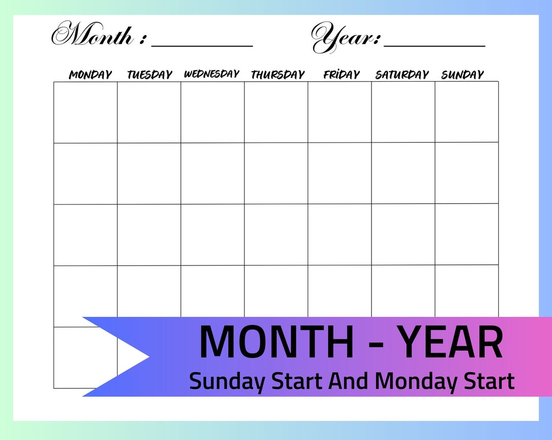 Blank Calendars Printable Balnk Calendar Monday Start and Sunday Start ...