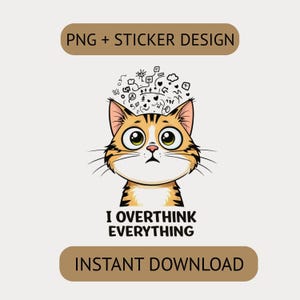 Overthinking Cat PNG, Anxiety Design for Shirt, Cartoon Illustration Download