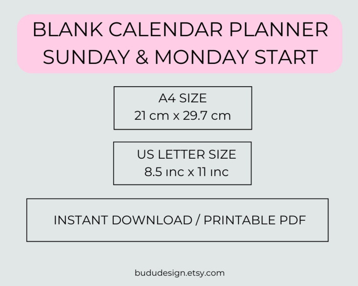 Blank Calendars Printable Calendars Planner Monday Sunday - Etsy