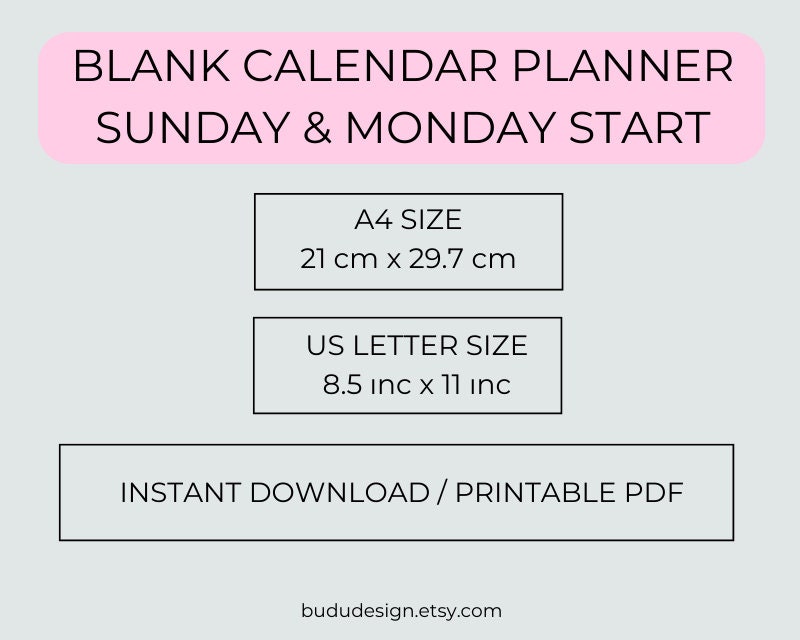 Blank Calendars Printable Calendars Planner Monday Sunday - Etsy